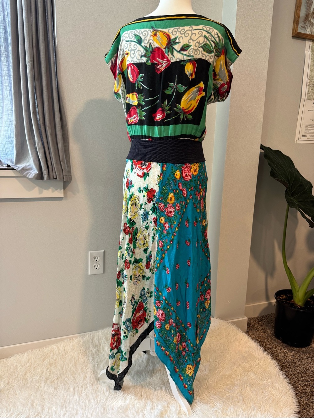 70s vintage handkerchief patchwork colorful asymmetric maxi dress size medium - Picture 7 of 15